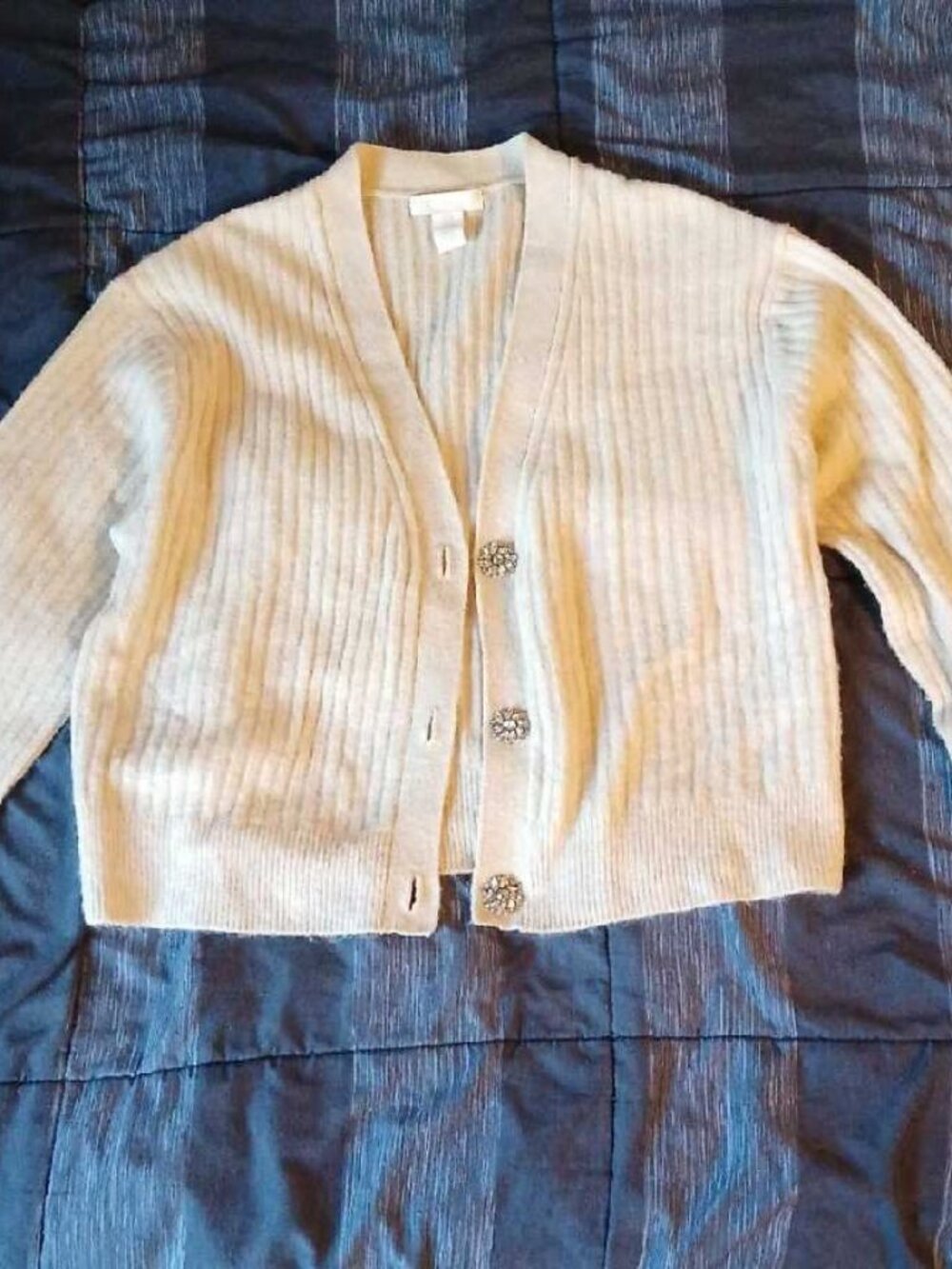 H&M Women White Rhinestone-Button Knitted Cardigan